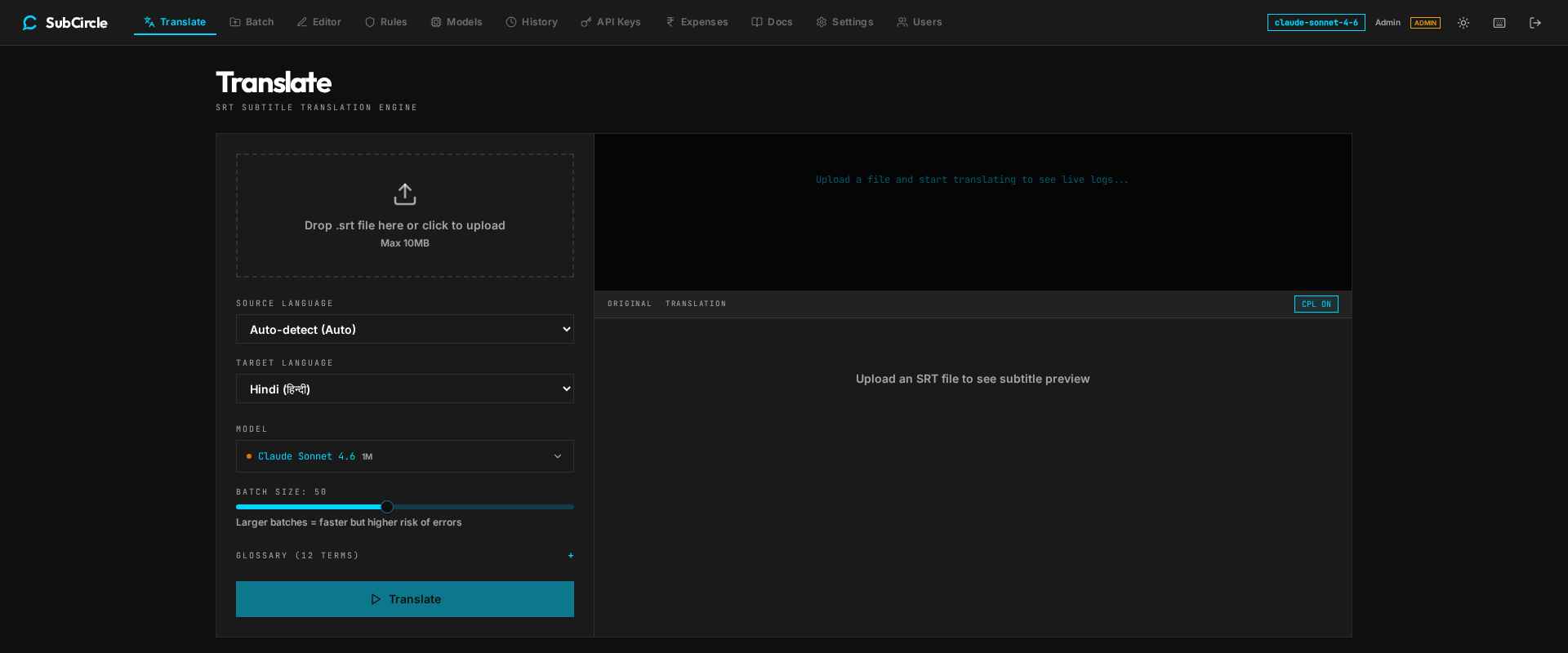 Translate — model picker groups every provider with live pricing